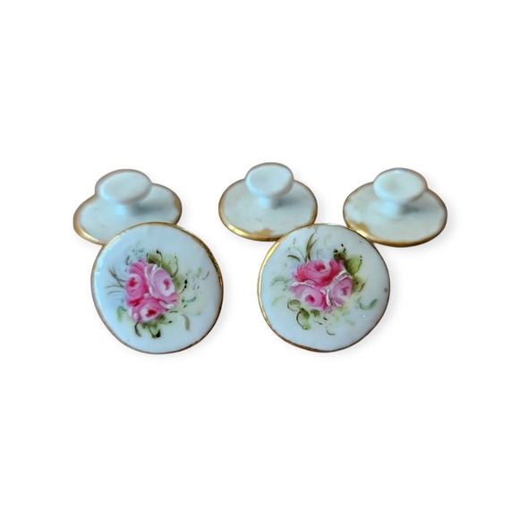 Vintage Victorian Era Jewelry - Antique 1800s Porcelain Hand Painted Button Matching Custom Screw On Earrings